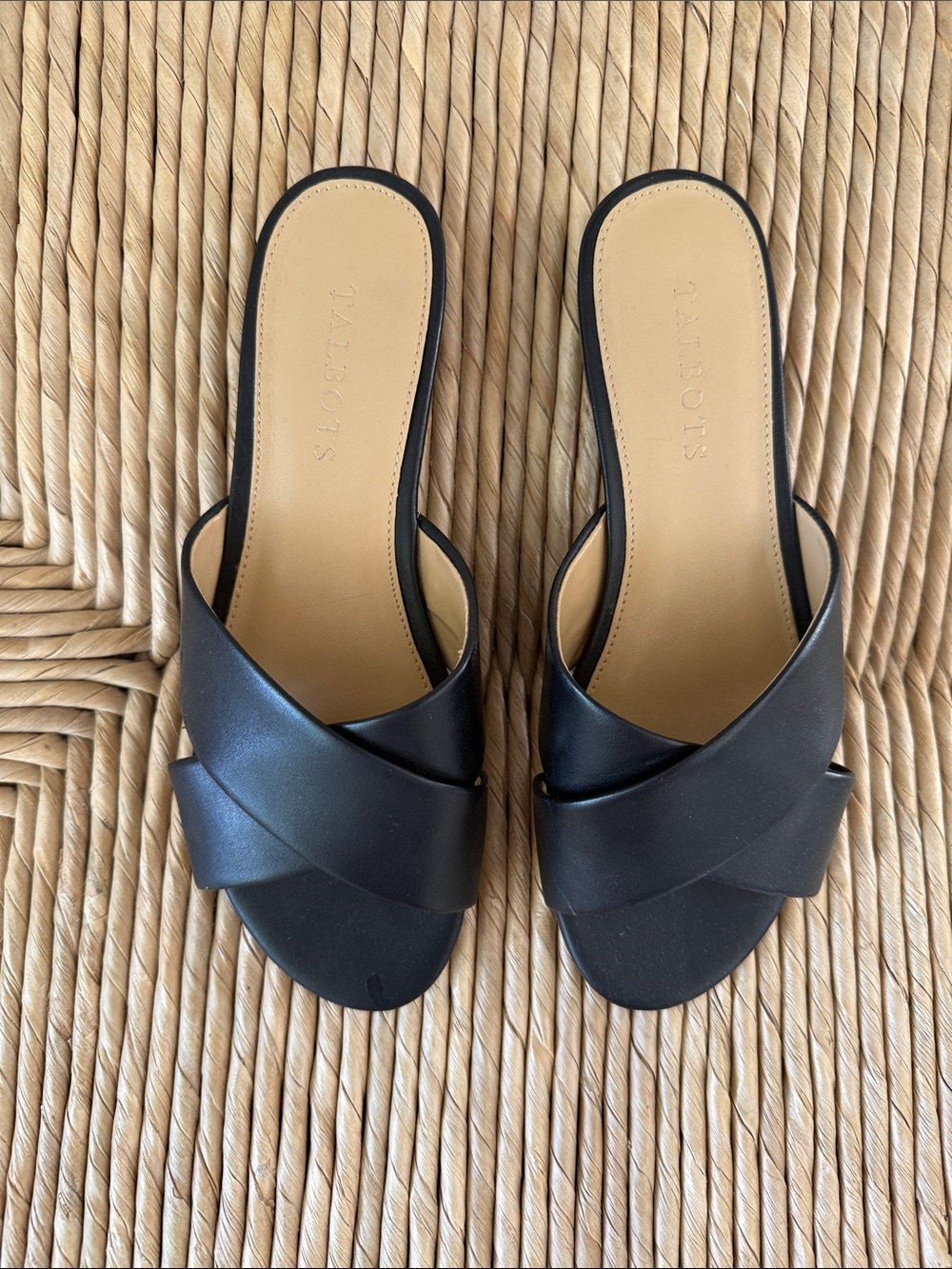 Talbots Black Leather Crisscross Slide Mules